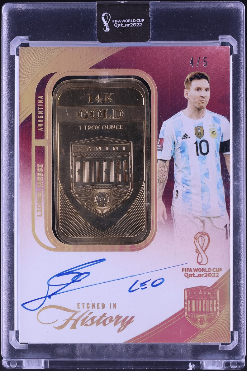 2022 Panini Eminence FIFA World Cup Etched In History Gold Bar Lionel Messi AUTO /5 #EH-LEO