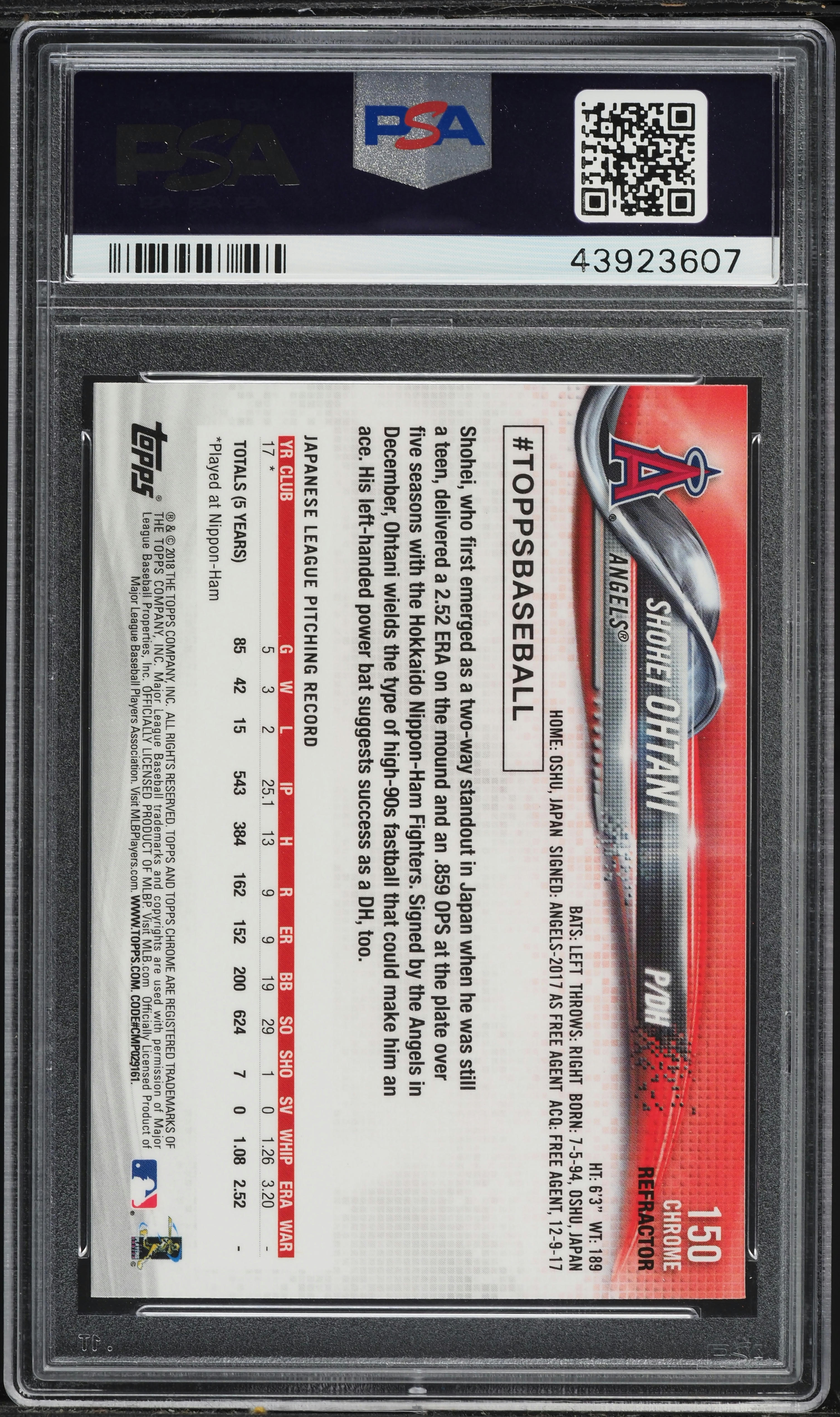 2018 Topps Chrome Refractor Shohei Ohtani ROOKIE #150 PSA 10