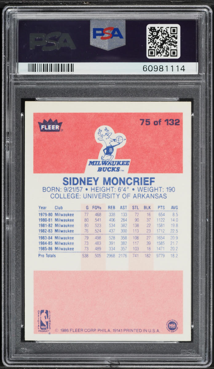 1986 Fleer Basketball Sidney Moncrief #75 PSA 5 EX