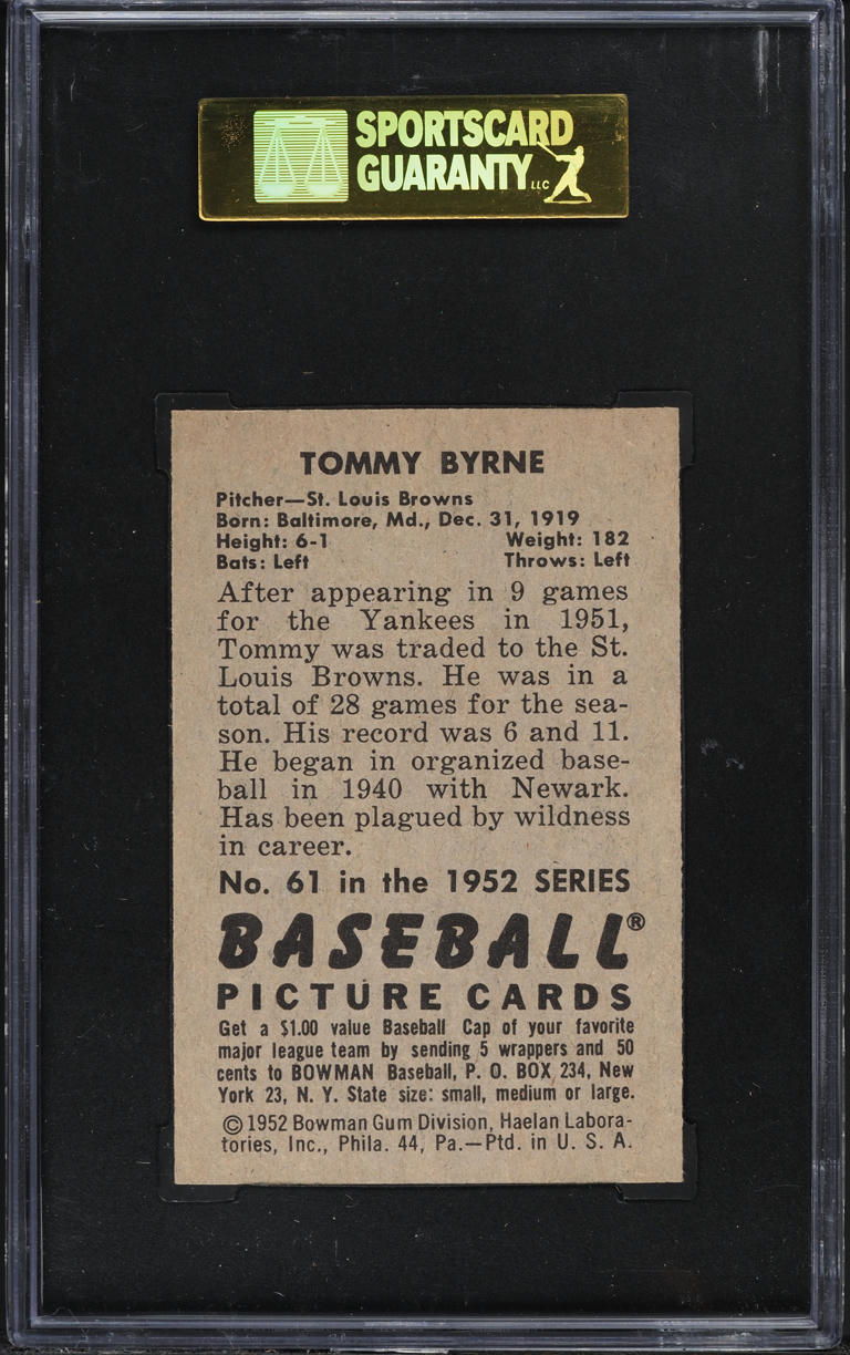 1952 Bowman Tommy Byrne #61 SGC 7.5 NRMT+