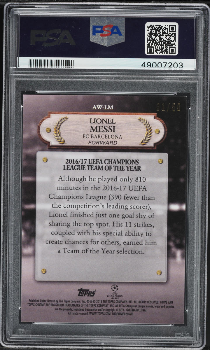 2017 Topps Chrome UEFA Award Winners Gold Lionel Messi /50 #AW-LM PSA 9 MINT - Photo 2