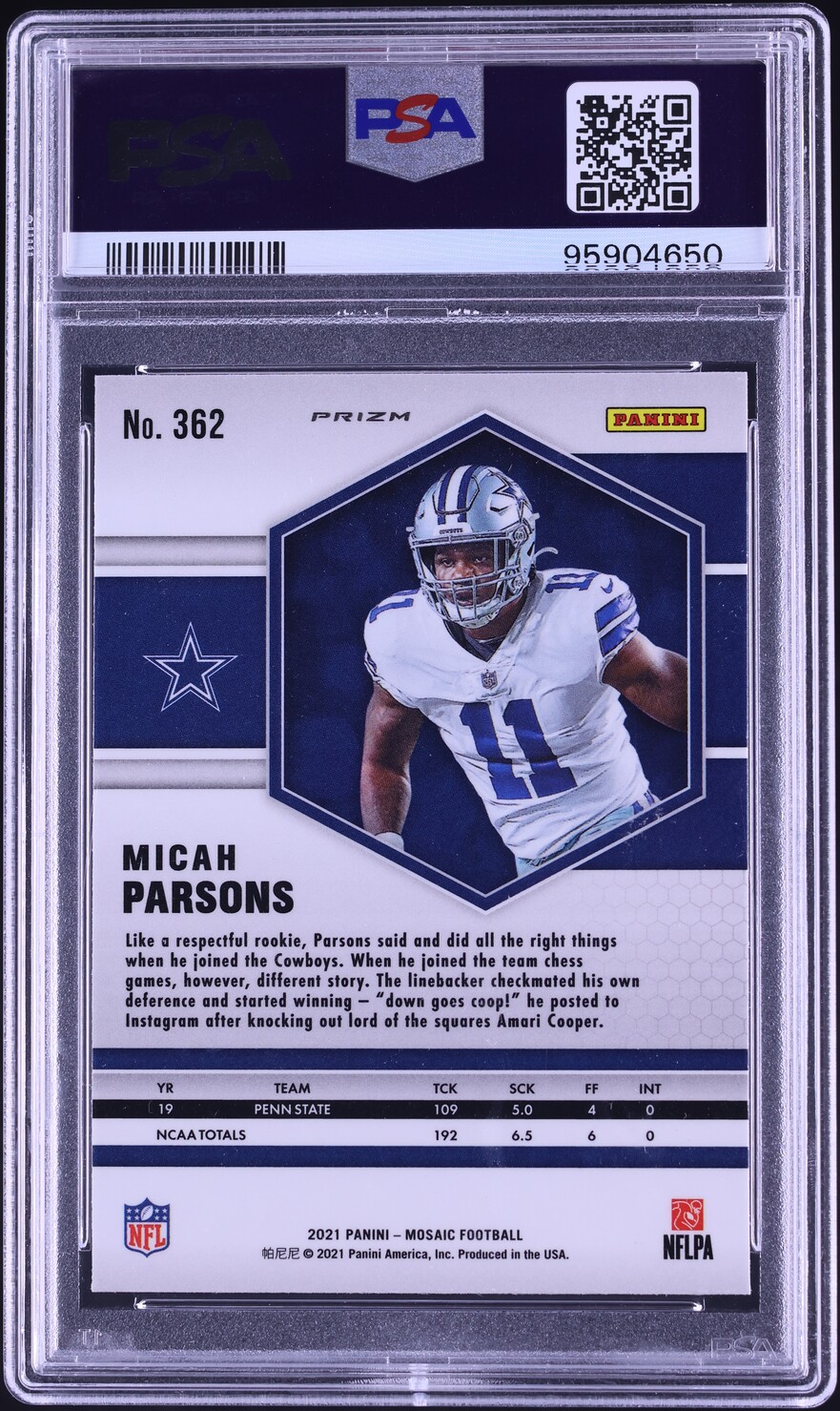 2021 Panini Mosaic Reactive Orange Micah Parsons ROOKIE #362 PSA 9 MINT