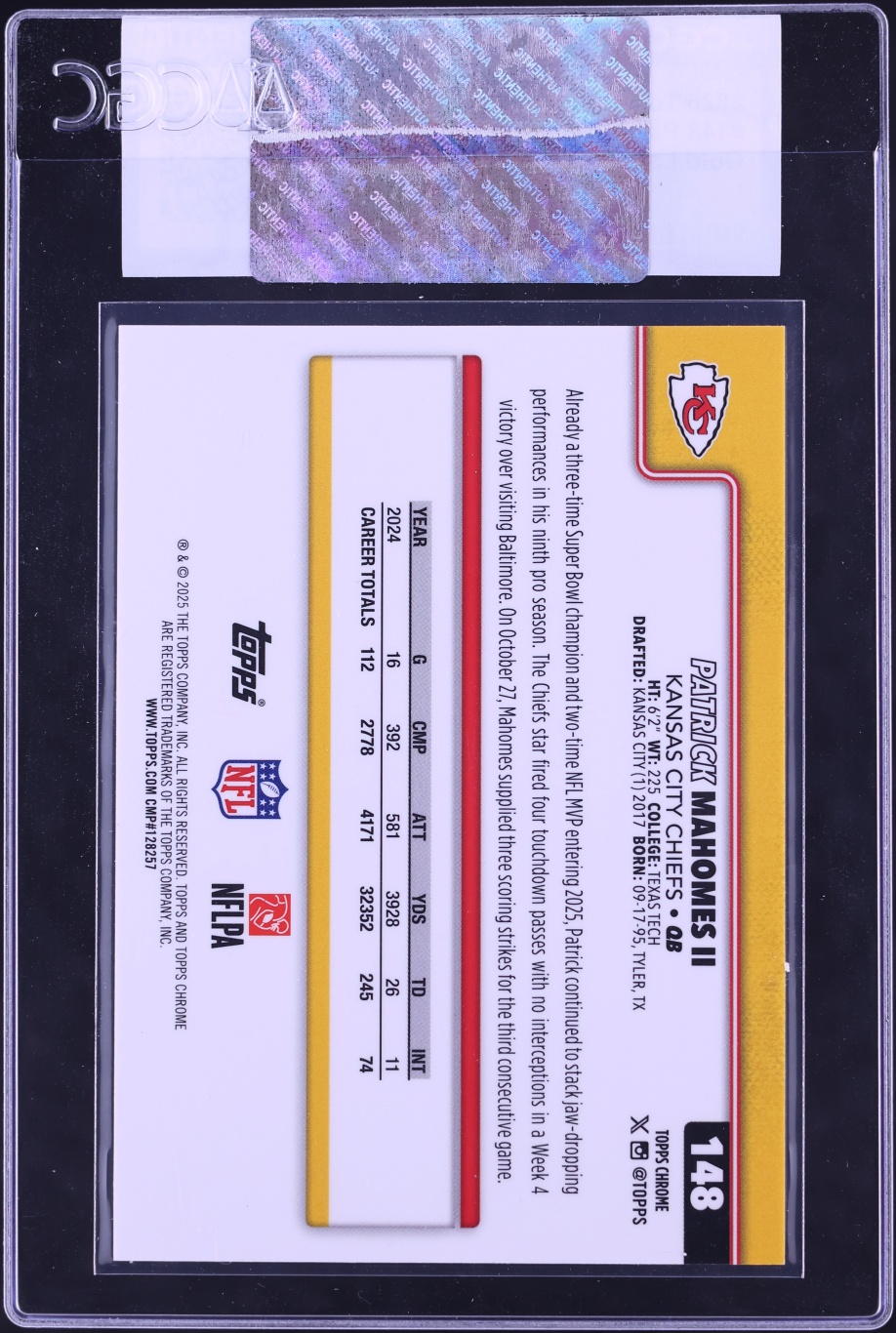 2025 Topps Chrome Gold Lava Refractor Patrick Mahomes II /50 #148 CGC AUTH