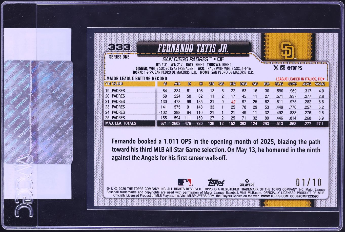 2026 Topps Hidden Mascots Black Celebration Mega Box Fernando Tatis Jr. 1/10 #333 CGC AUTH