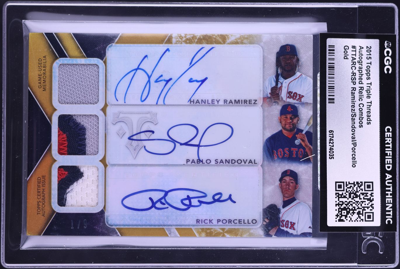 2015 Topps Triple Threads Combos Gold Ramirez Sandoval Porcello PATCH AUTO 1/9 CGC AUTH