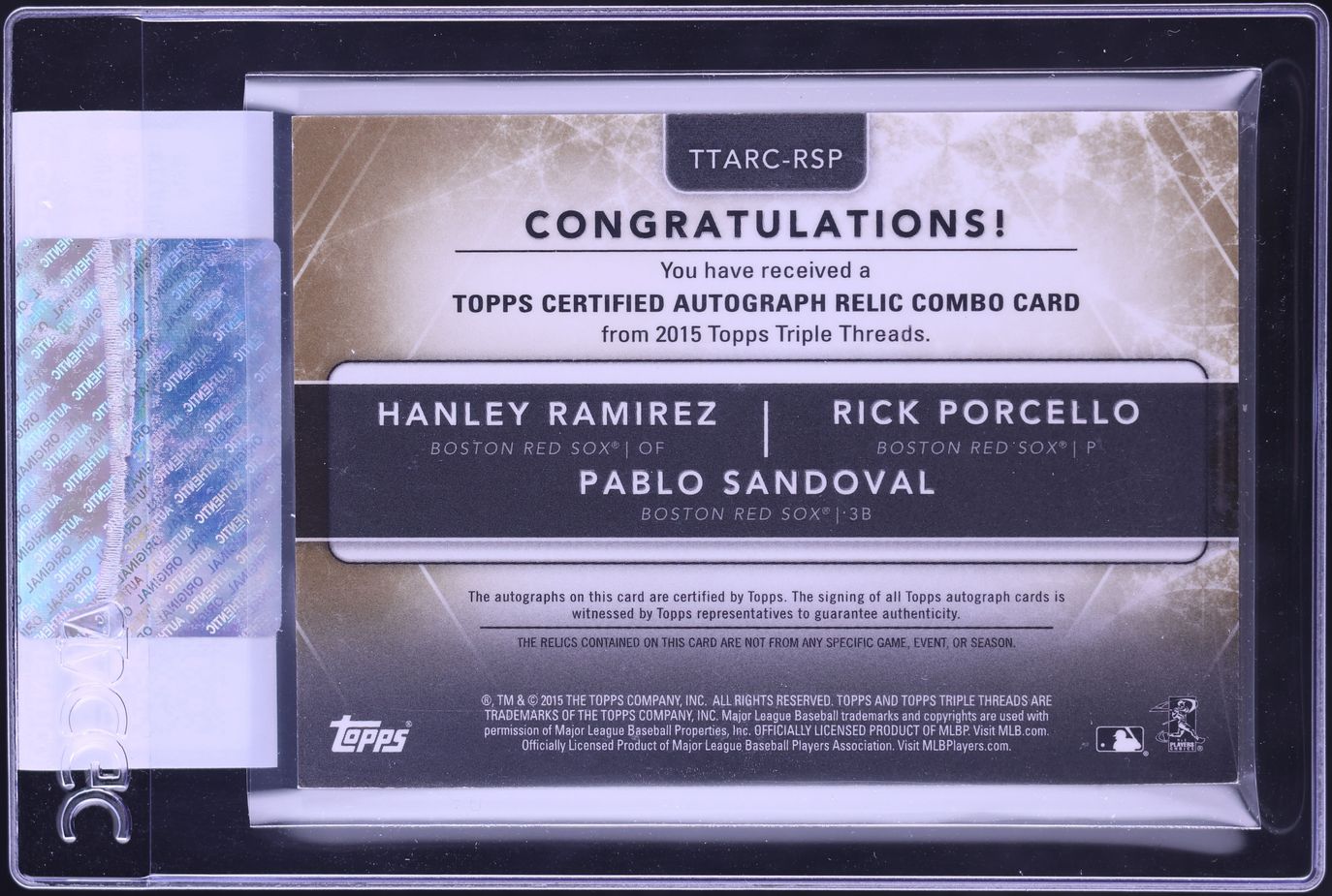 2015 Topps Triple Threads Combos Gold Ramirez Sandoval Porcello PATCH AUTO 1/9 CGC AUTH