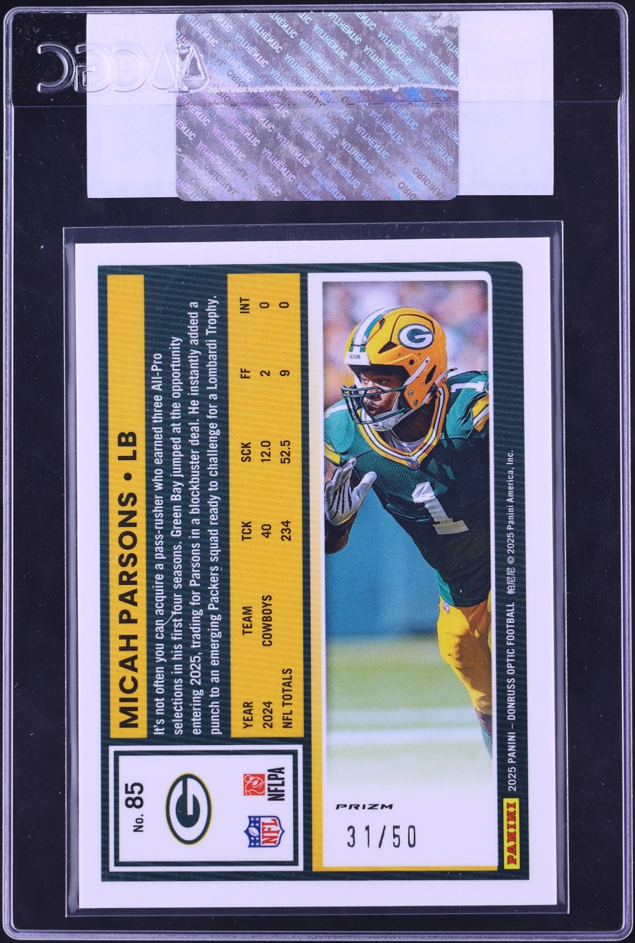 2025 Donruss Optic Lime Green Micah Parsons /50 #85 CGC AUTH