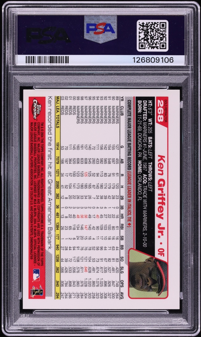 2004 Topps Chrome Gold Refractor Ken Griffey Jr. #268 PSA 10 GEM MINT