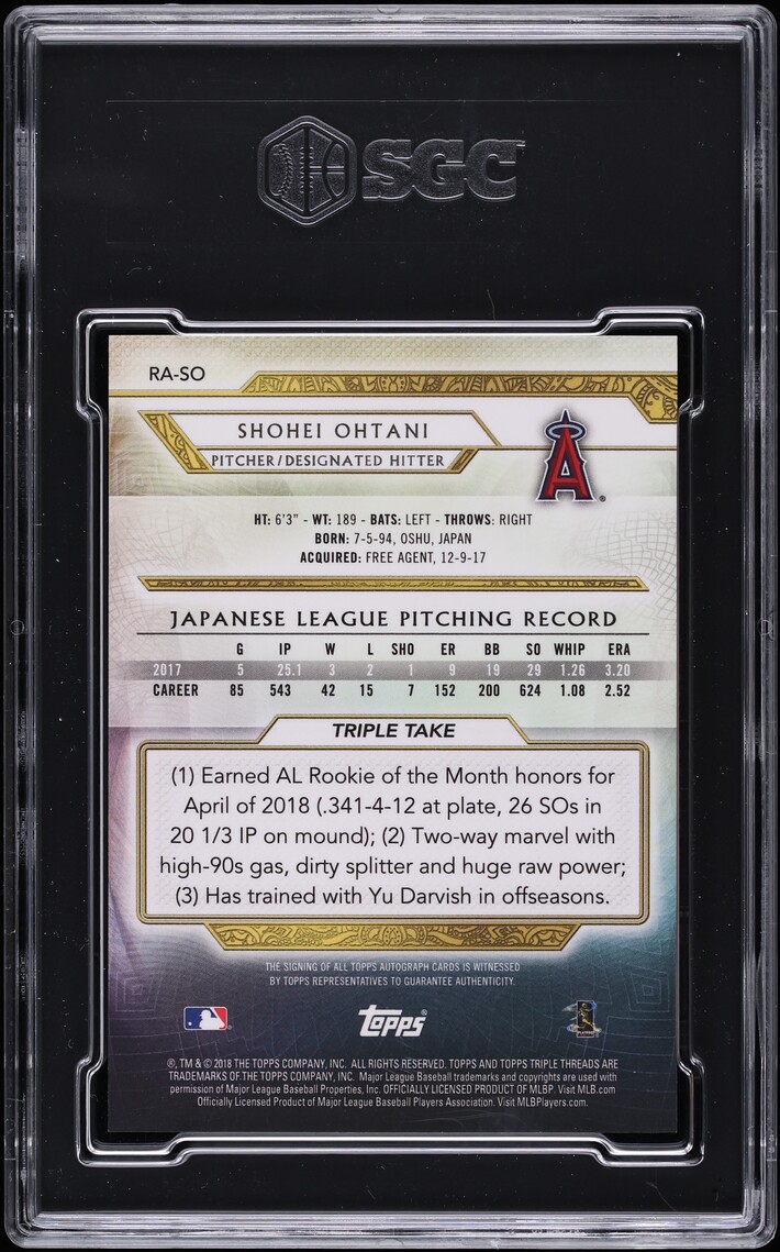2018 Topps Triple Threads Shohei Ohtani ROOKIE AUTO /99 #RA-SO SGC 10 GEM MINT