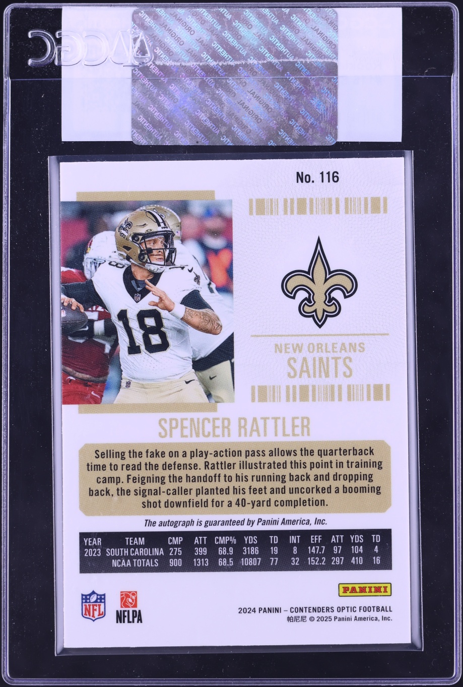 2024 Panini Contenders Optic Ticket Spencer Rattler ROOKIE AUTO #116 CGC AUTH