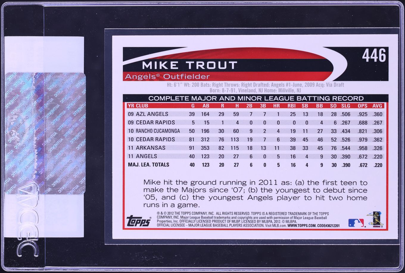 2012 Topps Mike Trout ROOKIE #446 CGC AUTH