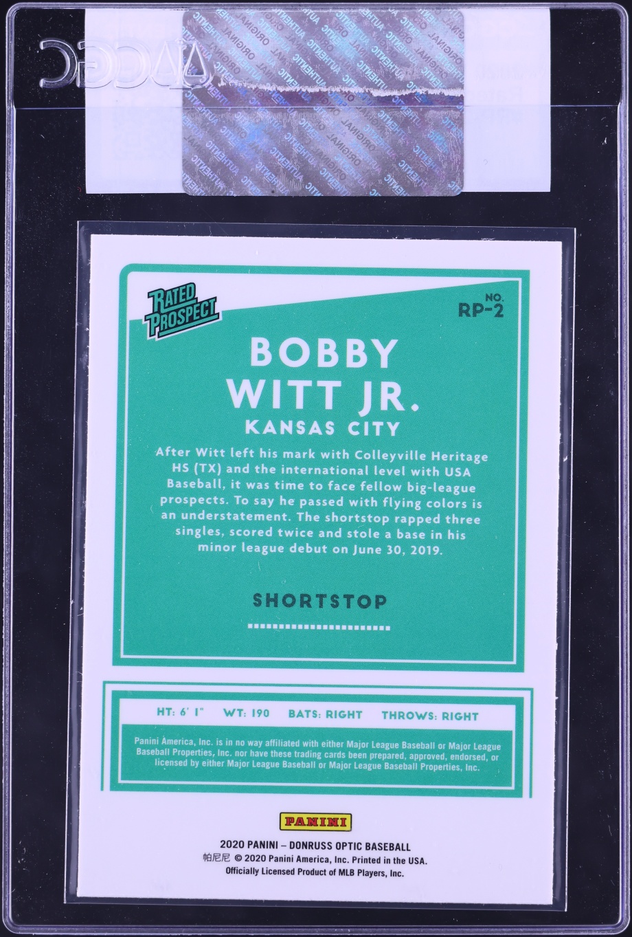 2020 Donruss Optic Bobby Witt Jr. PROSPECT #RP-2 CGC AUTH