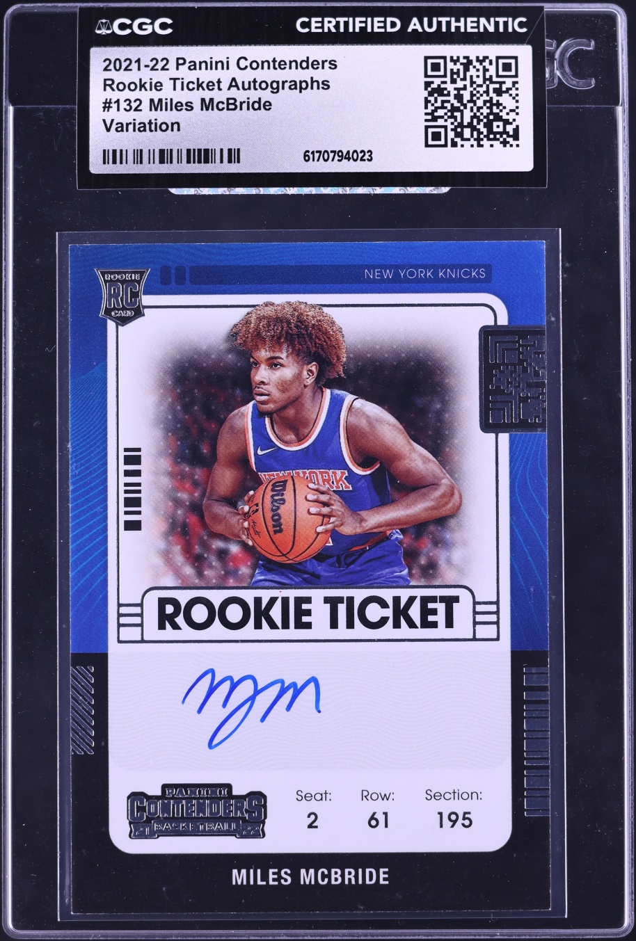 2021 Panini Contenders Ticket Variation Miles McBride ROOKIE AUTO #132 CGC AUTH