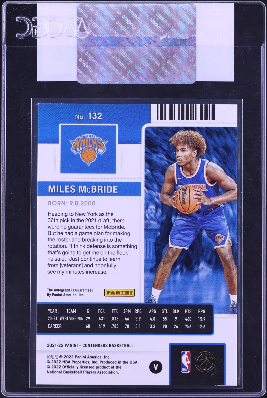 2021 Panini Contenders Ticket Variation Miles McBride ROOKIE AUTO #132 CGC AUTH