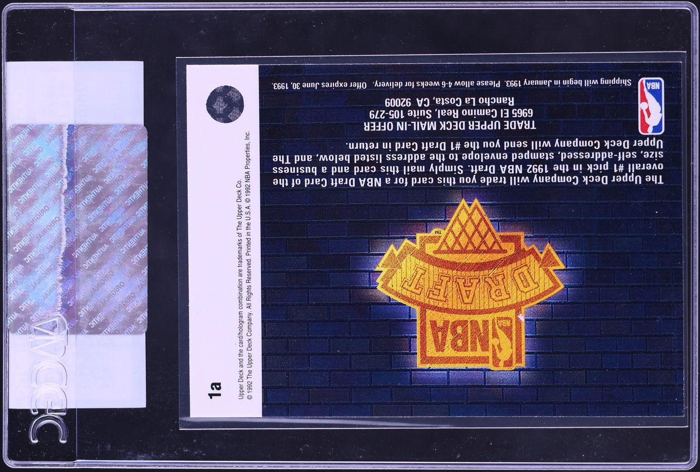 1992 Upper Deck Unredeemed Draft Trade Card Shaquille O'Neal ROOKIE #1a CGC AUTH