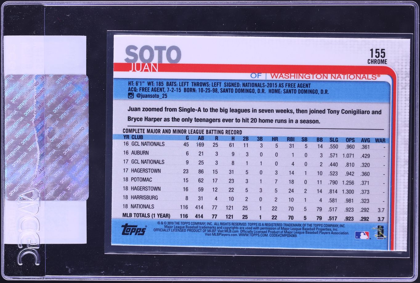 2019 Topps Chrome Juan Soto #155 CGC AUTH