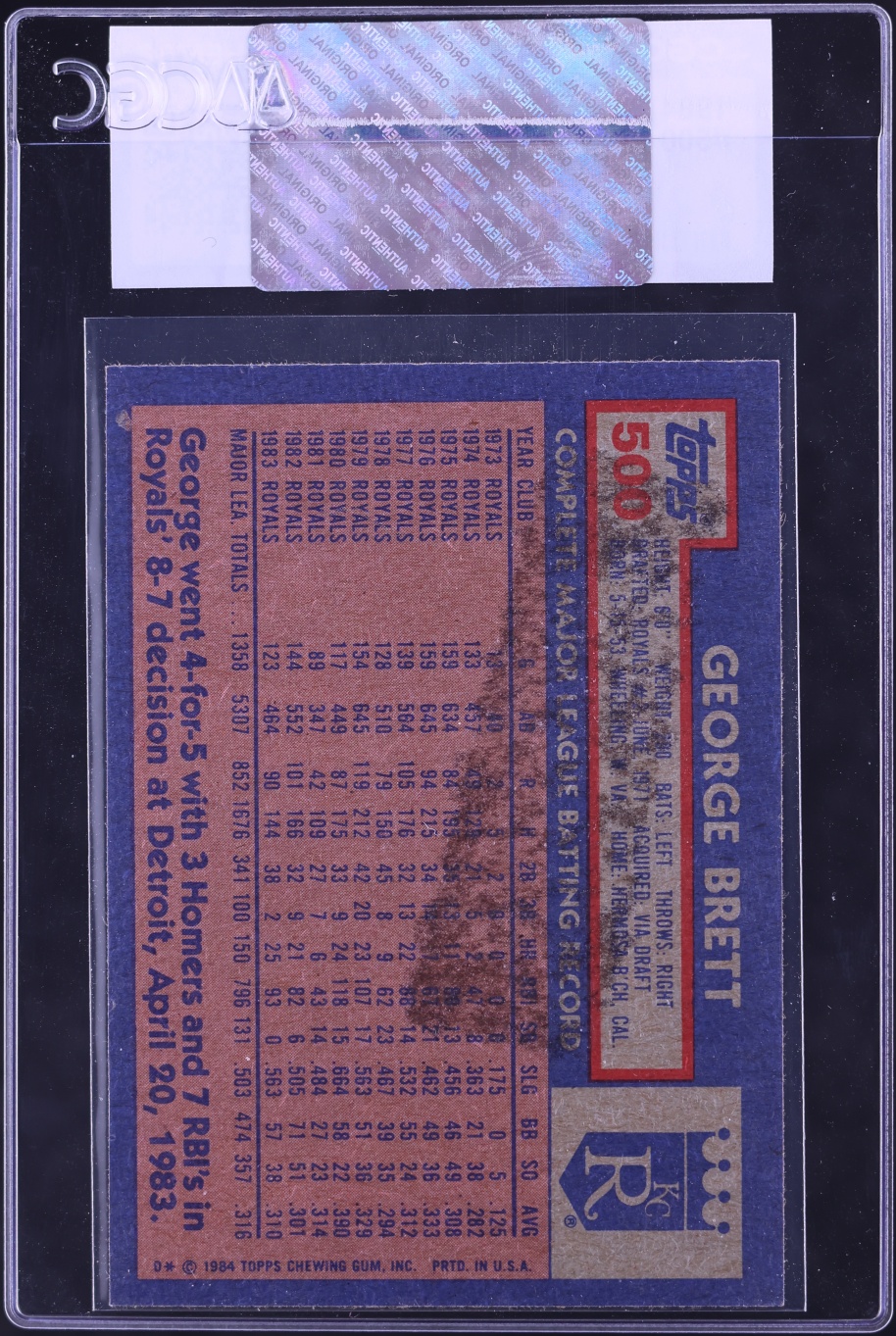 1984 Topps George Brett #500 CGC AUTH