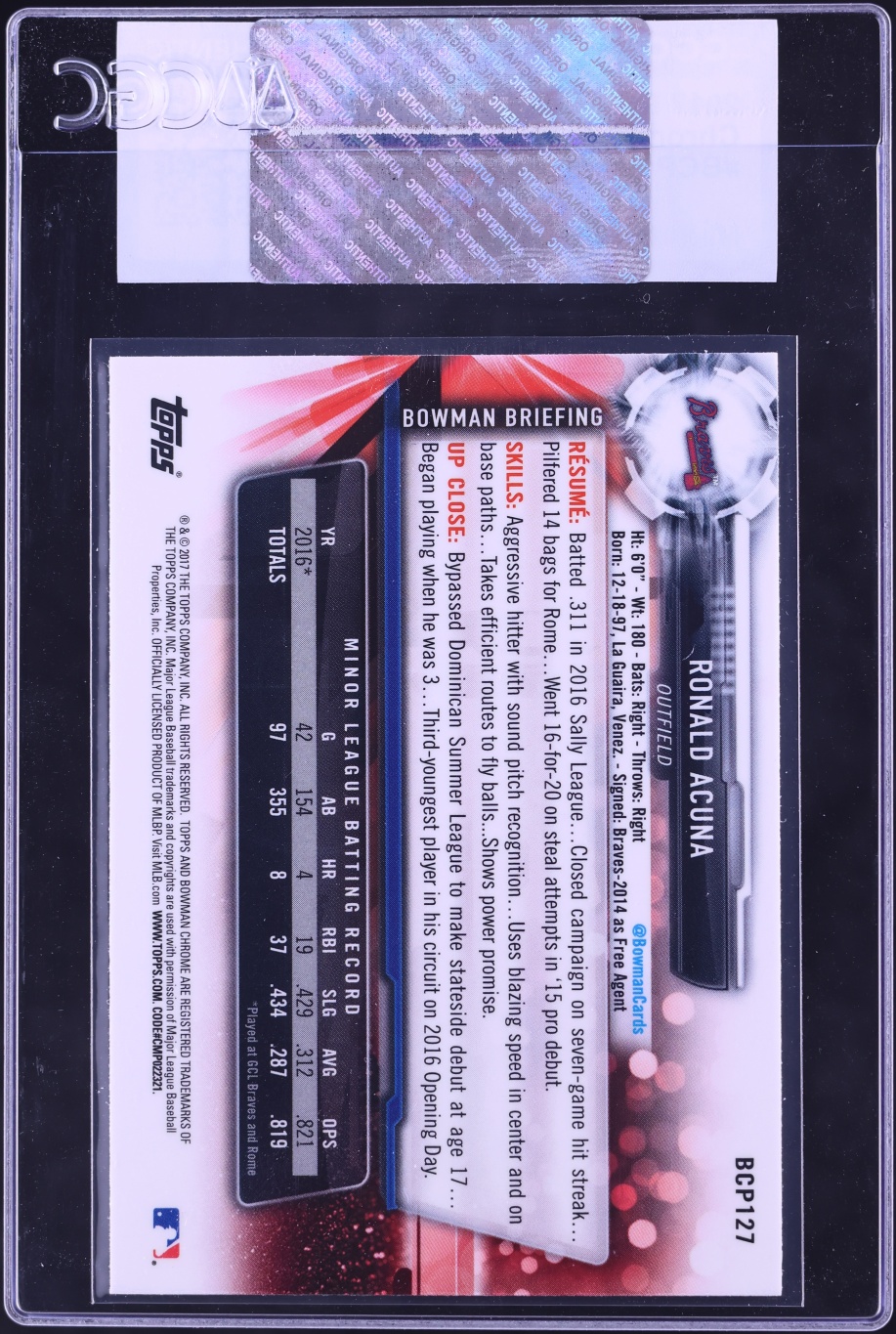 2017 Bowman Chrome Ronald Acuna PROSPECT #BCP127 CGC AUTH