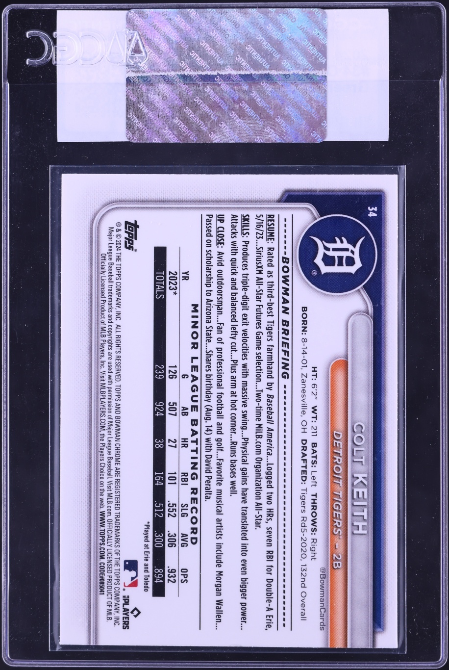 2024 Bowman Chrome Green Refractor Colt Keith ROOKIE /99 #34 CGC AUTH