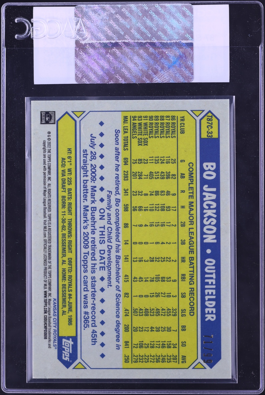 2022 Topps '87 Silver Pack Green Bo Jackson /99 #T87C-33 CGC AUTH