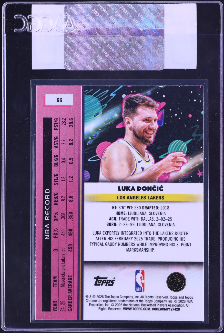 2025 Topps Chrome Cosmic Green Space Dust Refractor Luka Doncic /75 #66 CGC AUTH