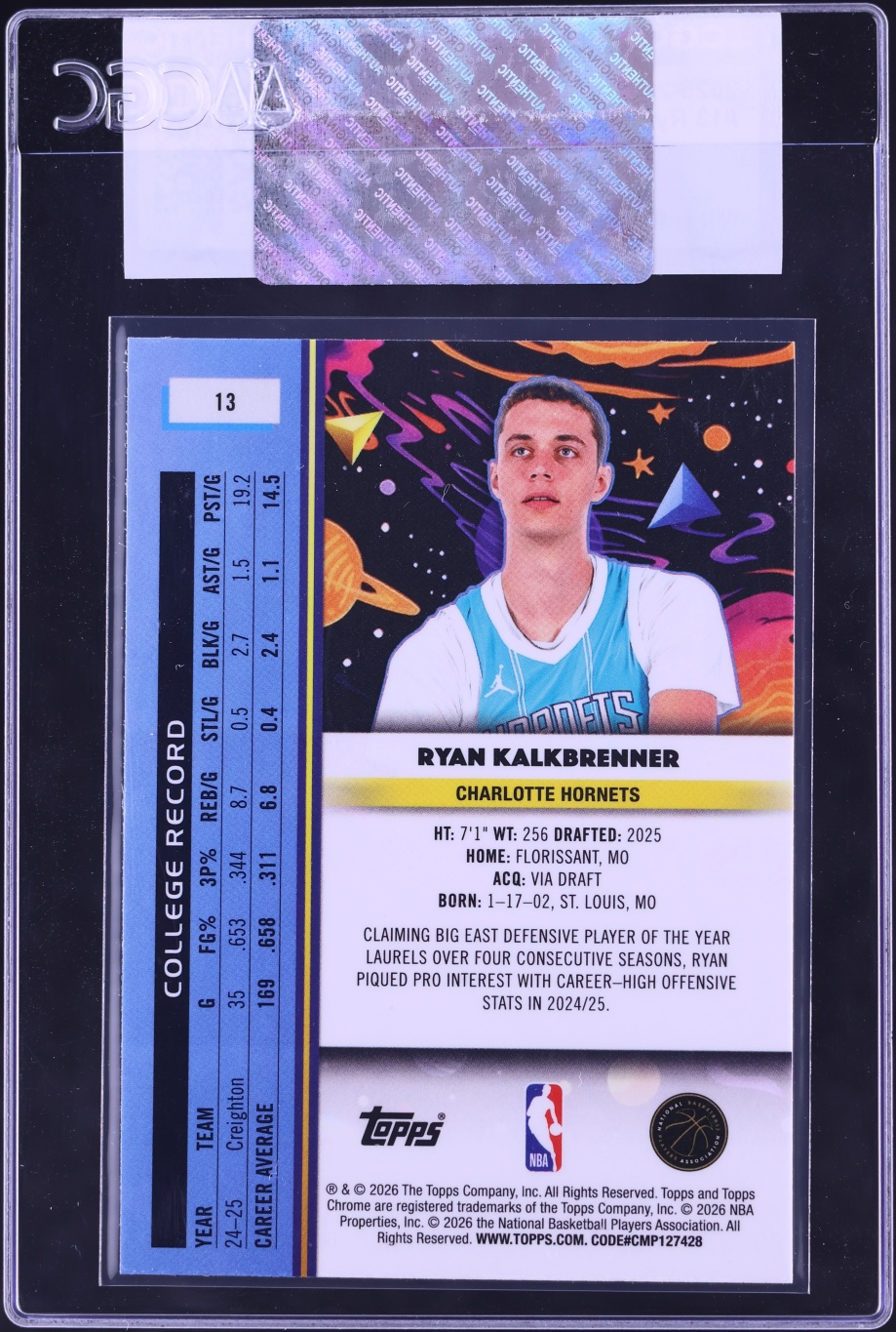 2025 Topps Chrome Cosmic Ryan Kalkbrenner ROOKIE #13 CGC AUTH
