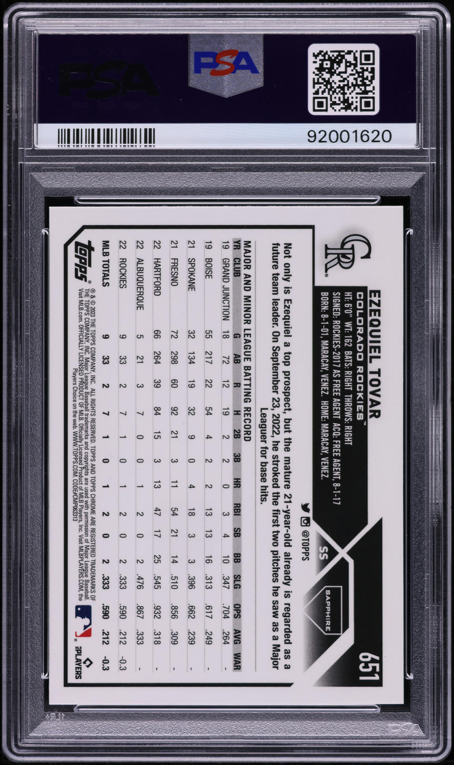 2023 Topps Chrome Sapphire Ezequiel Tovar ROOKIE #651 PSA 9 MINT