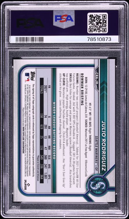 2022 Bowman Chrome Superfractor Julio Rodriguez ROOKIE AUTO DNA 10 1/1 #CRA-JR PSA 9 MINT