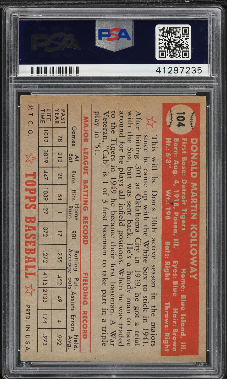 1952 Topps Don Kolloway #104 PSA 7 NRMT