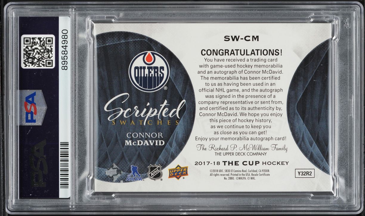2017 Upper Deck The Cup Scripted Swatches Connor McDavid PATCH AUTO /35 #SW-CM PSA 9 MINT