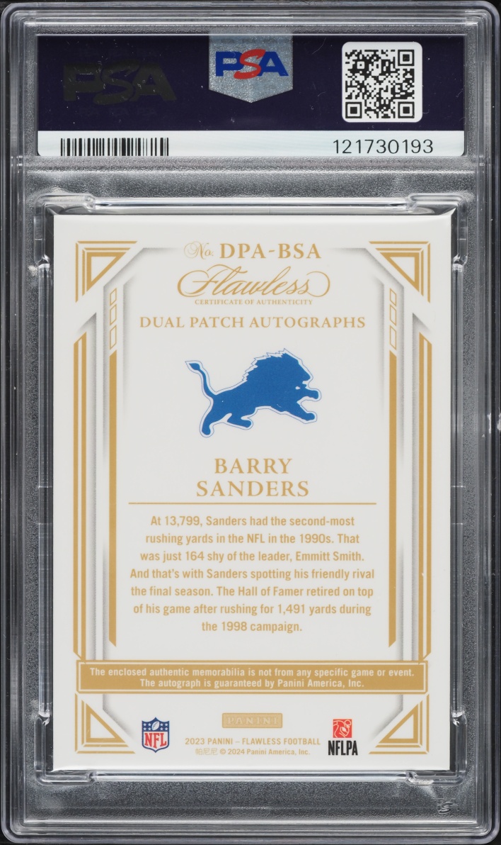 2023 Panini Flawless Dual Barry Sanders PATCH AUTO /25 #DPA-BSA PSA 9 MINT