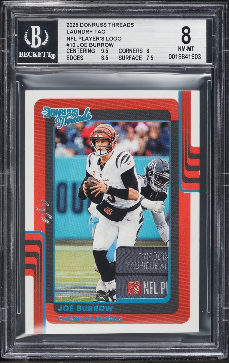 2025 Donruss Threads Laundry Tag NFL Player's Logo Joe Burrow PATCH 1/1 #10 BGS 8 NM-MT