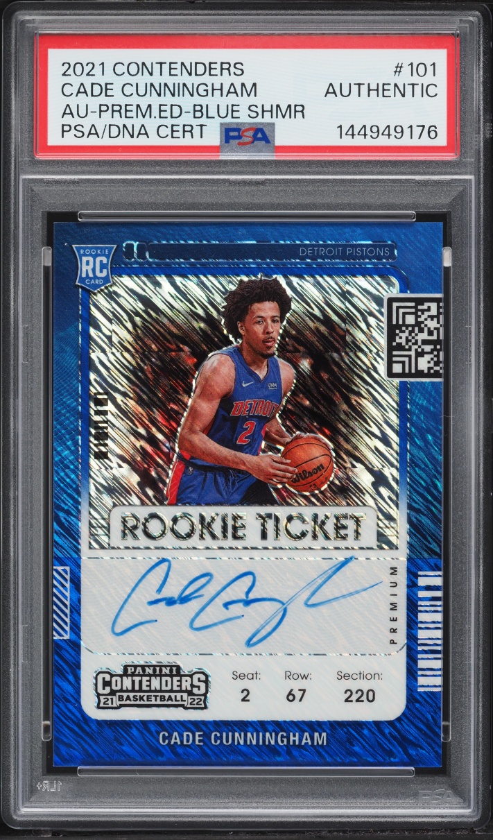 2021 Panini Contenders Premier Edition Blue Shimmer Cade Cunningham RC AUTO 1/20 #101 PSA AUTH