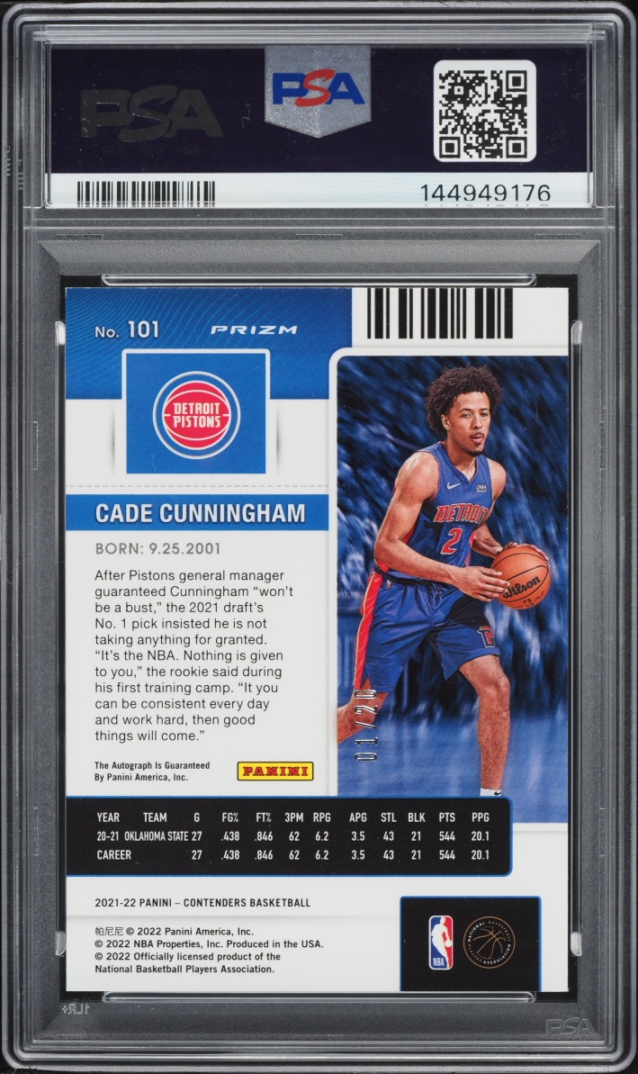 2021 Panini Contenders Premier Edition Blue Shimmer Cade Cunningham RC AUTO 1/20 #101 PSA AUTH