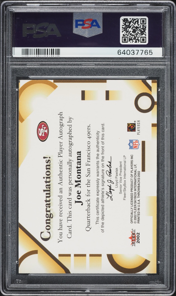 2002 Fleer Throwbacks Greats Of The Game Joe Montana AUTO DNA 10 PSA 9 MINT