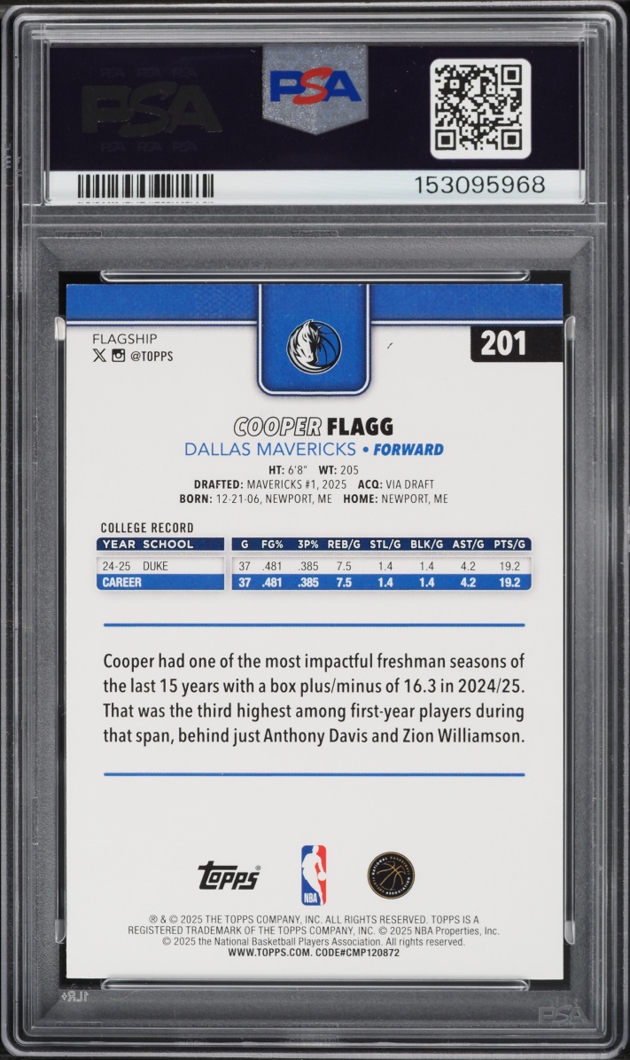 2025 Topps Basketball Cooper Flagg ROOKIE #201 PSA 9 MINT