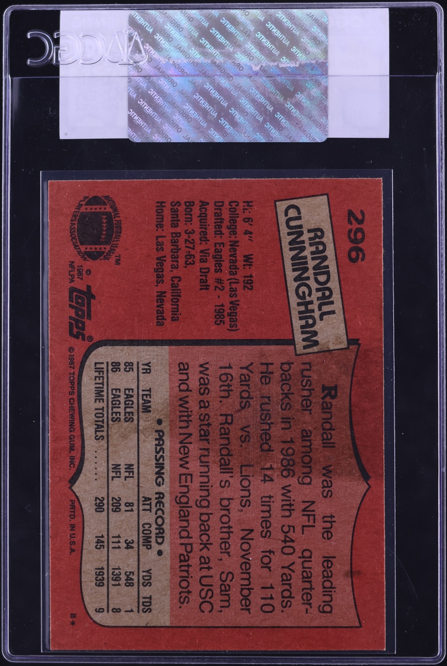 1987 Topps Football Randall Cunningham ROOKIE #296 CGC AUTH