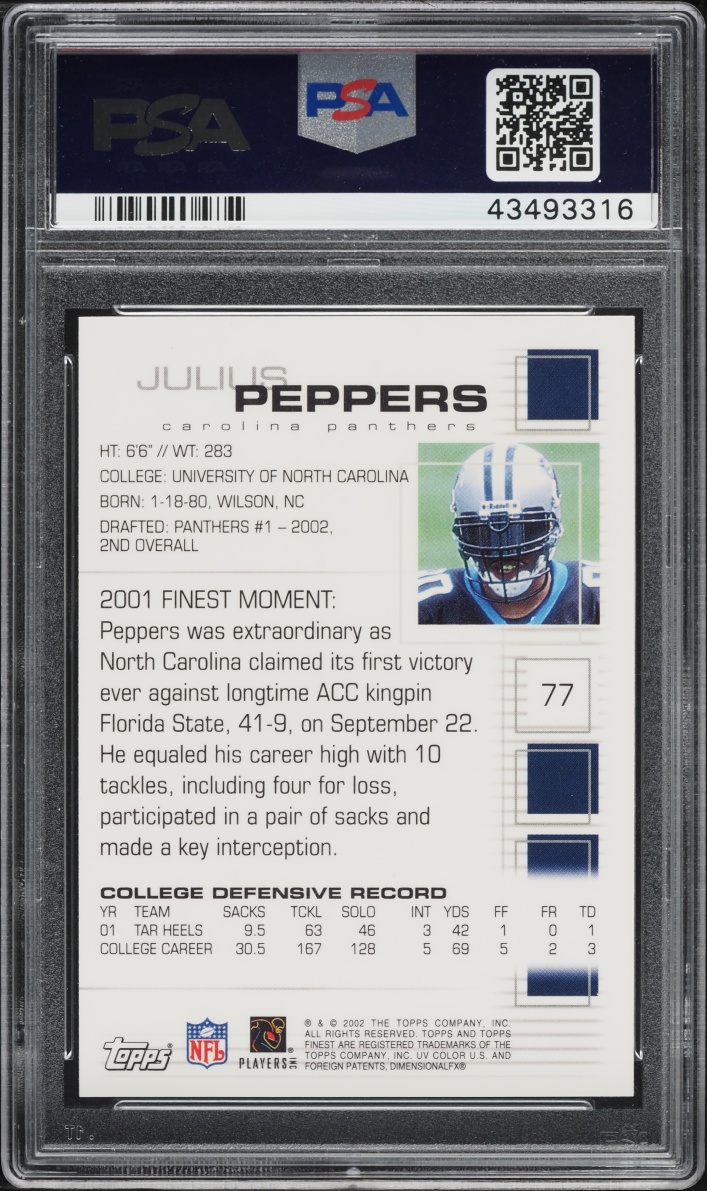 2002 Finest Football Julius Peppers ROOKIE #77 PSA 10 GEM MINT