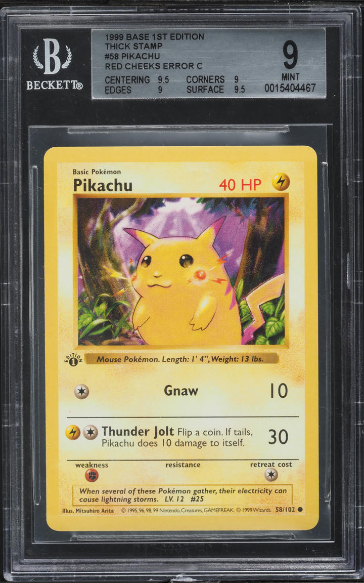 1999 Pokemon Base Set Shadowless 1st Ed Thick Stamp Red Cheeks Pikachu #58 BGS 9