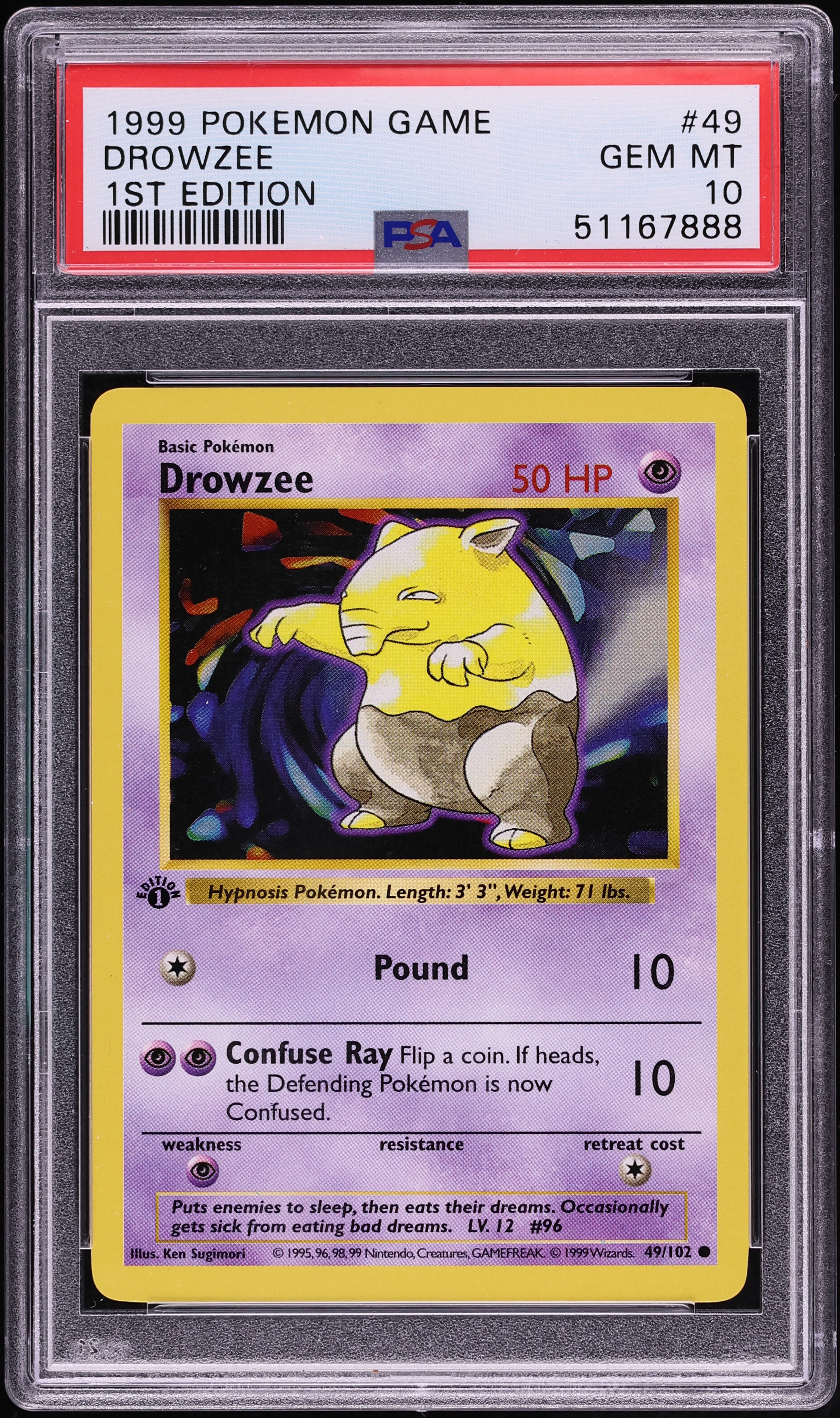 1999 Pokemon Base Set Shadowless 1st Edition Drowzee #49 PSA 10 GEM MINT