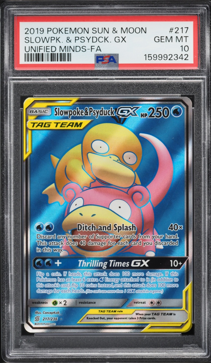 2019 Pokemon Sun & Moon Unified Minds Full Art Slowpoke & Psyduck GX #217 PSA 10 GEM MINT