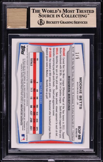 2014 Bowman Chrome Red Refractor Mookie Betts PROSPECT AUTO 1/5 #BCAP-MB BGS 9.5 GEM MINT
