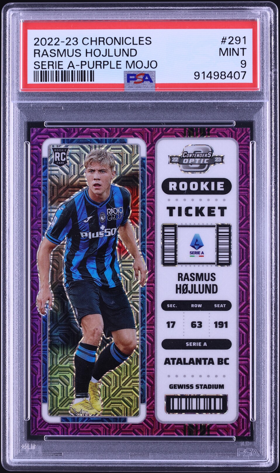 2022 Panini Chronicles Contenders Optic Serie A Purple Mojo Rasmus Hojlund ROOKIE #291 PSA 9
