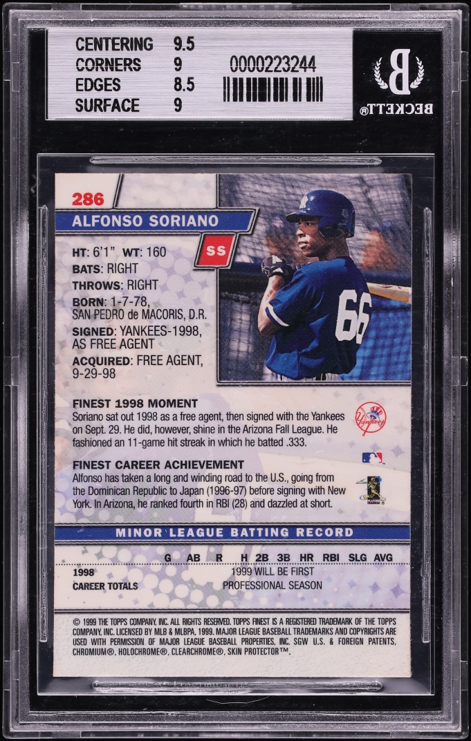 1999 Finest Alfonso Soriano ROOKIE #286 BGS 9 MINT