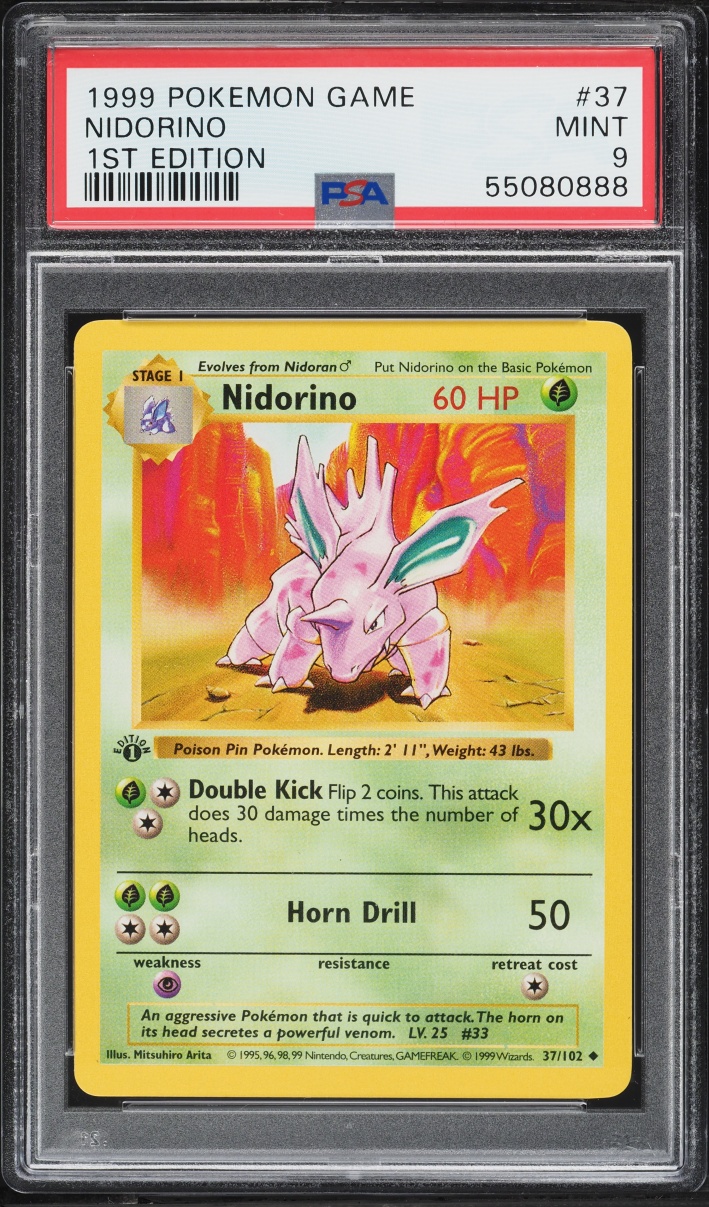 1999 Pokemon Base Set Shadowless 1st Edition Nidorino #37 PSA 9 MINT