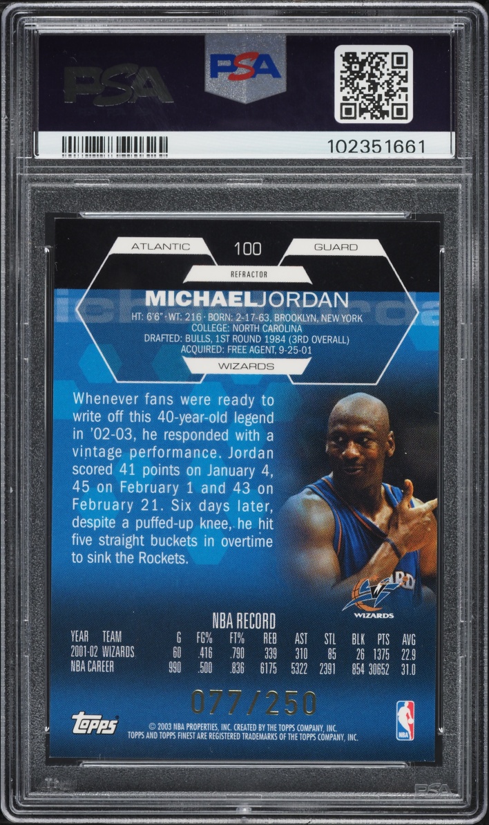 2002 Finest Refractor Michael Jordan /250 #100 PSA 10 GEM MINT
