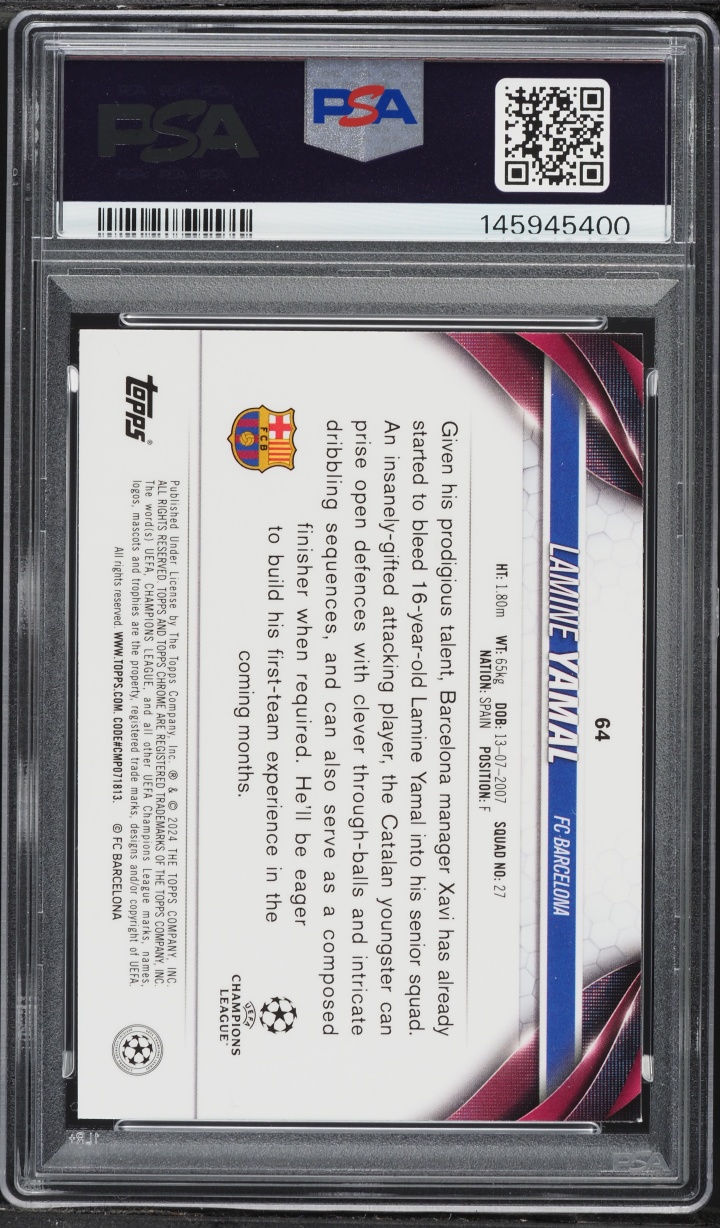 2023 Topps Chrome UEFA Club Competitions Pulsar Lamine Yamal ROOKIE #64 PSA 9 MINT