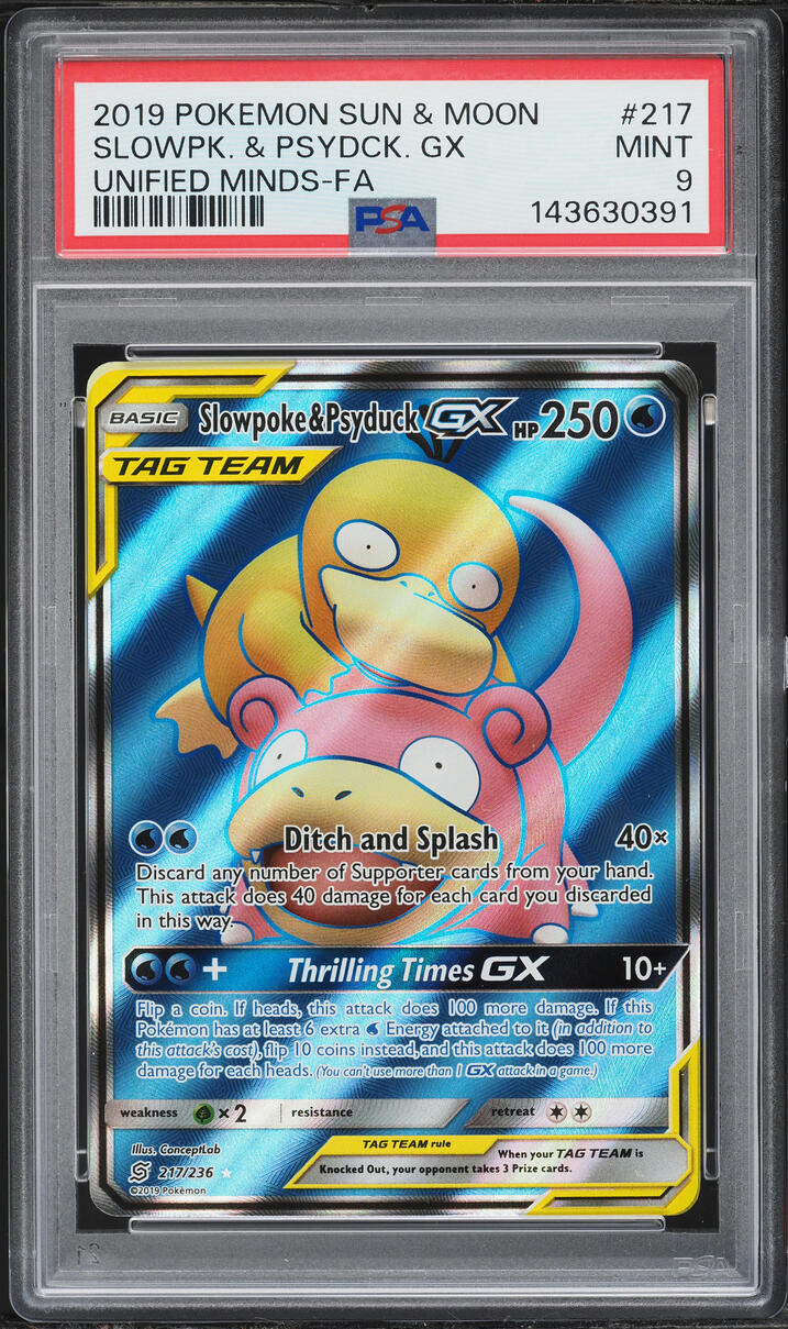 2019 Pokemon Sun & Moon Unified Minds Full Art Slowpoke & Psyduck GX #217 PSA 9 MINT