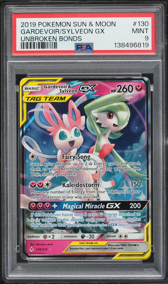 2019 Pokemon Sun & Moon Unbroken Bonds Alt Art Gardevoir & Sylveon GX #130 PSA 9 MINT