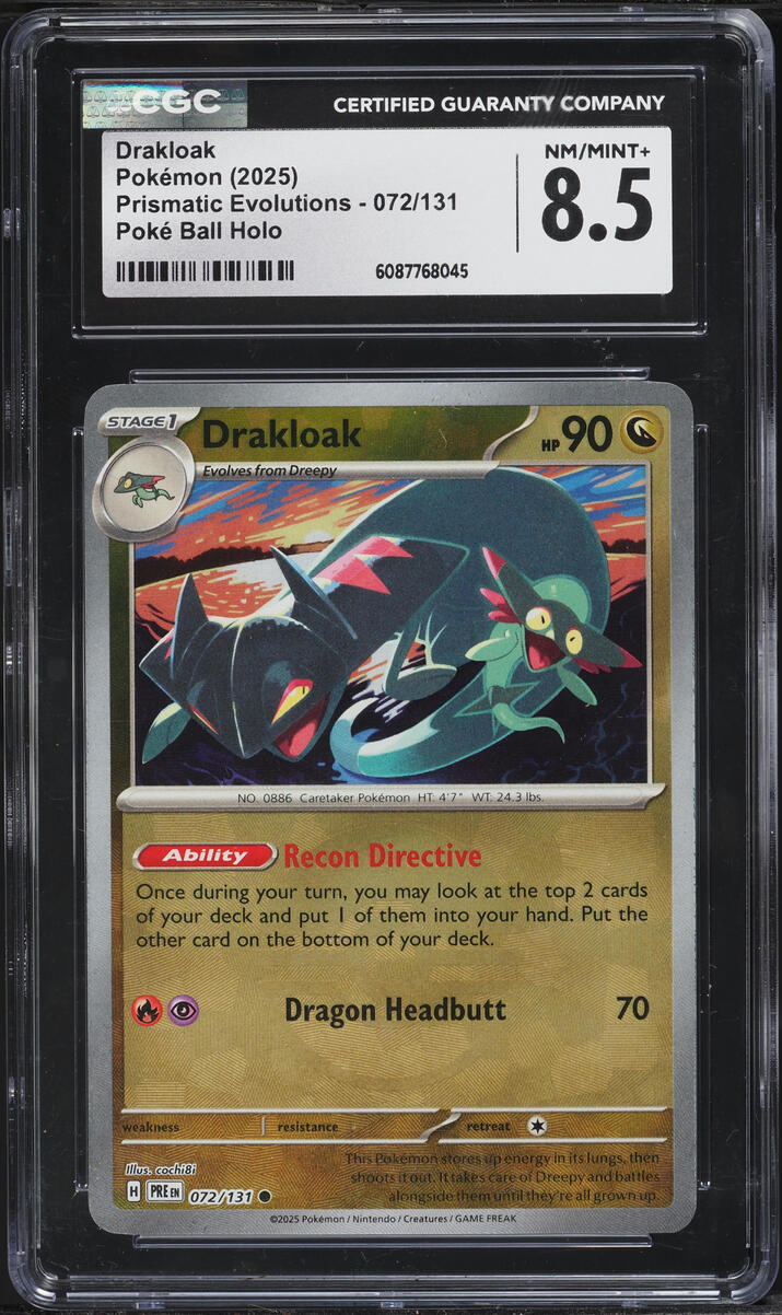 2025 Pokemon Scarlet & Violet Prismatic Evolutions Poke Ball Holo Drakloak #72 CGC 8.5 NM-MT+
